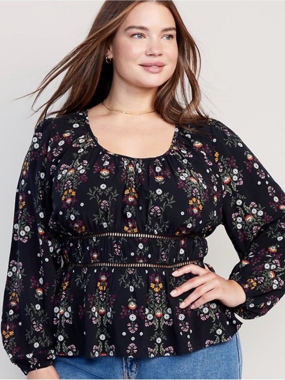 Old Navy Long Sleeve Floral Lace Trim Top XL